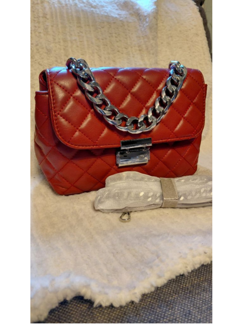 Women's Red Quilted Shoulder Bag with Silver Chain, One Size